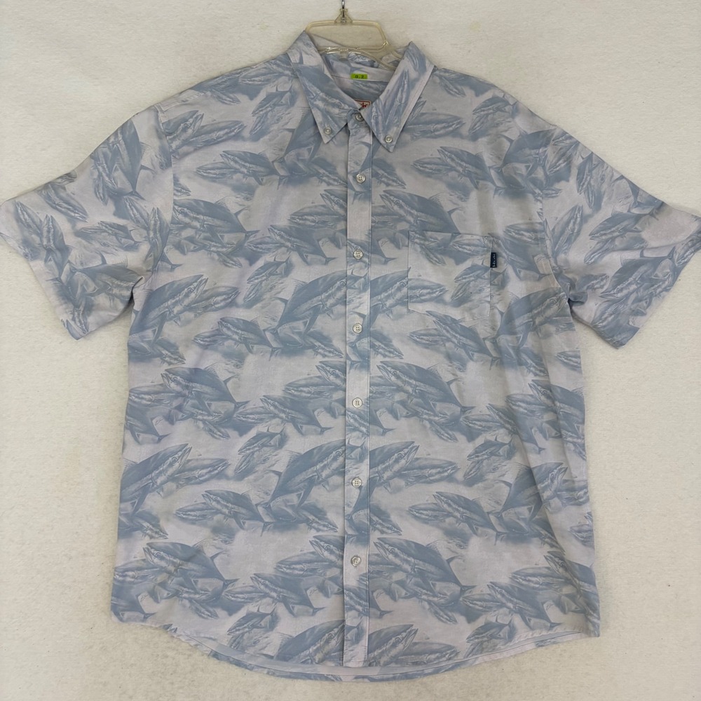 Huk Kona Fishing Shirt Mens XL Short Sleeve Tuna School Fish Print Blue Gray
